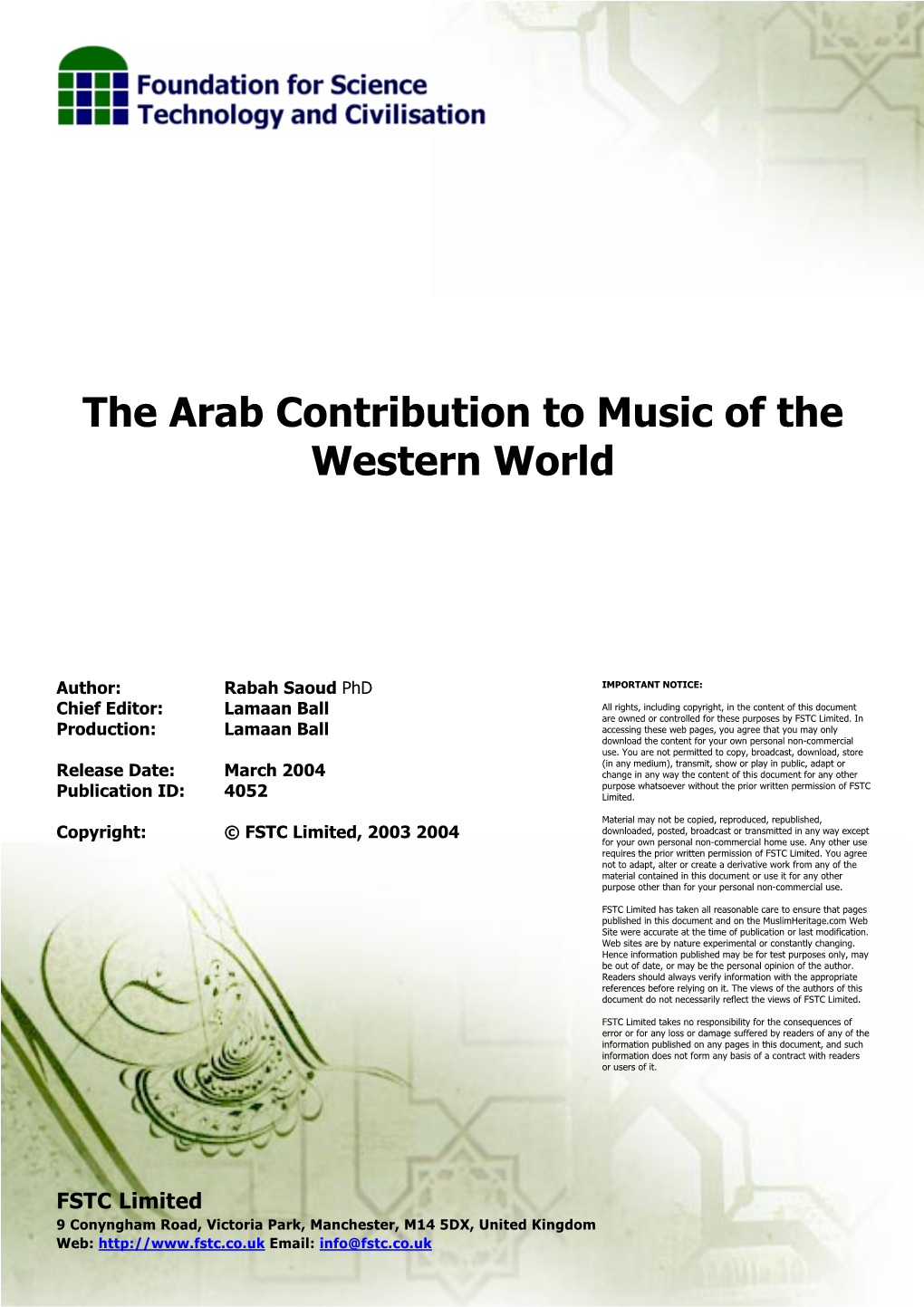 The Arab Contribution to Music of the Western World March 2004