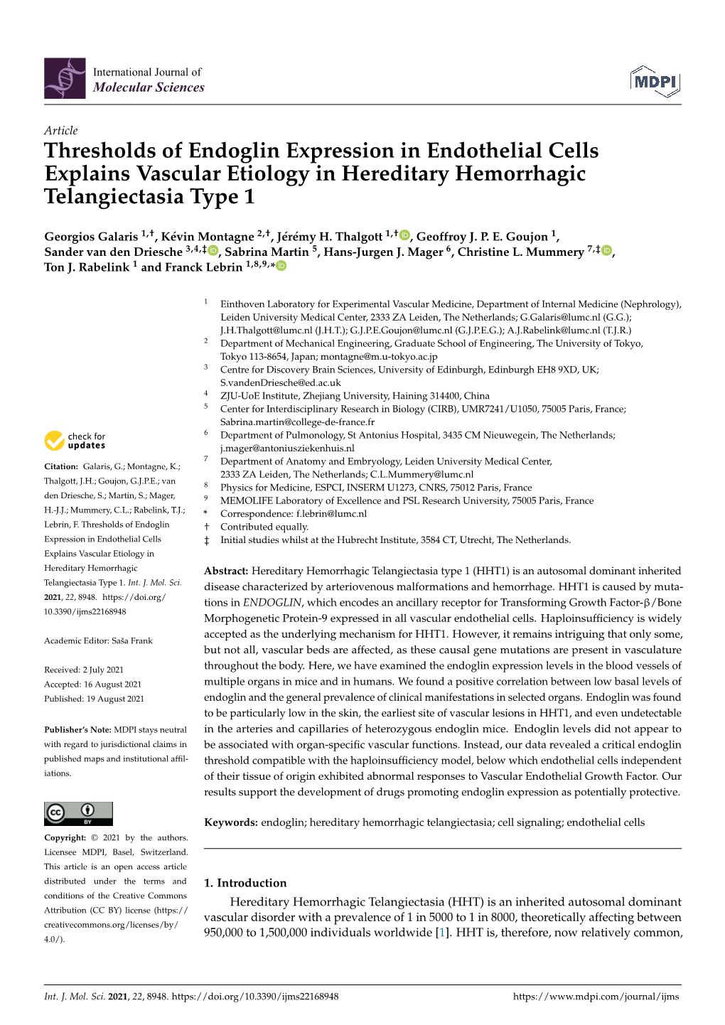 Thresholds of Endoglin Expression in Endothelial Cells Explains Vascular Etiology in Hereditary Hemorrhagic Telangiectasia Type 1