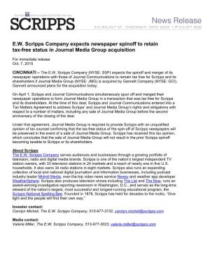 E.W. Scripps Company Expects Newspaper Spinoff to Retain Tax-Free Status in Journal Media Group Acquisition
