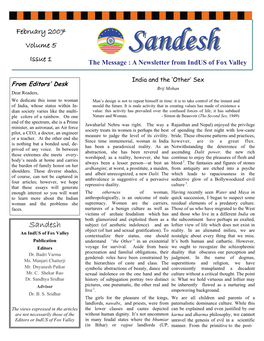 Sandesh Sandesh Issue 1 the Message : a Newsletter from Indus of Fox Valley