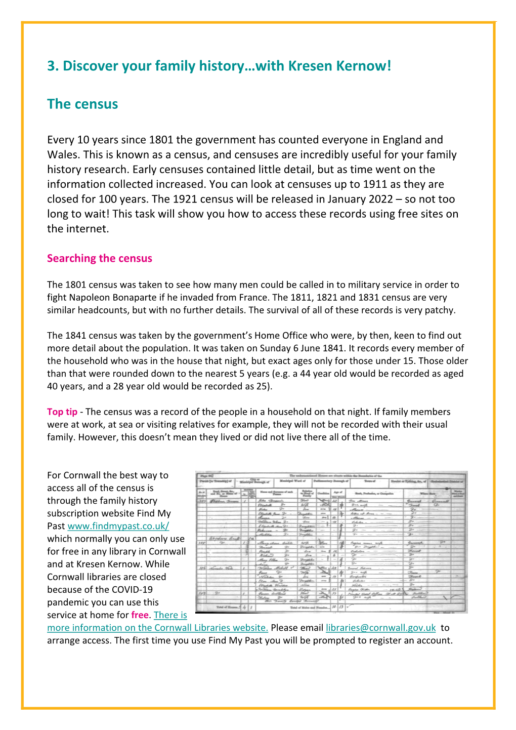 3. Discover Your Family History…With Kresen Kernow! the Census