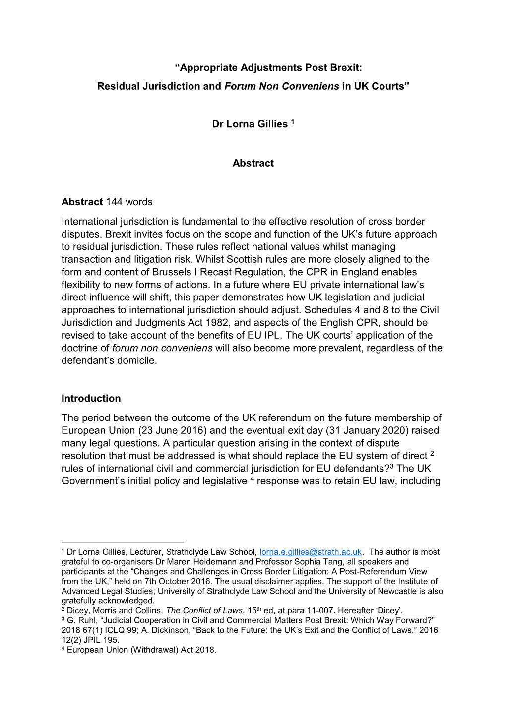 Appropriate Adjustments Post Brexit: Residual Jurisdiction and Forum Non Conveniens in UK Courts”