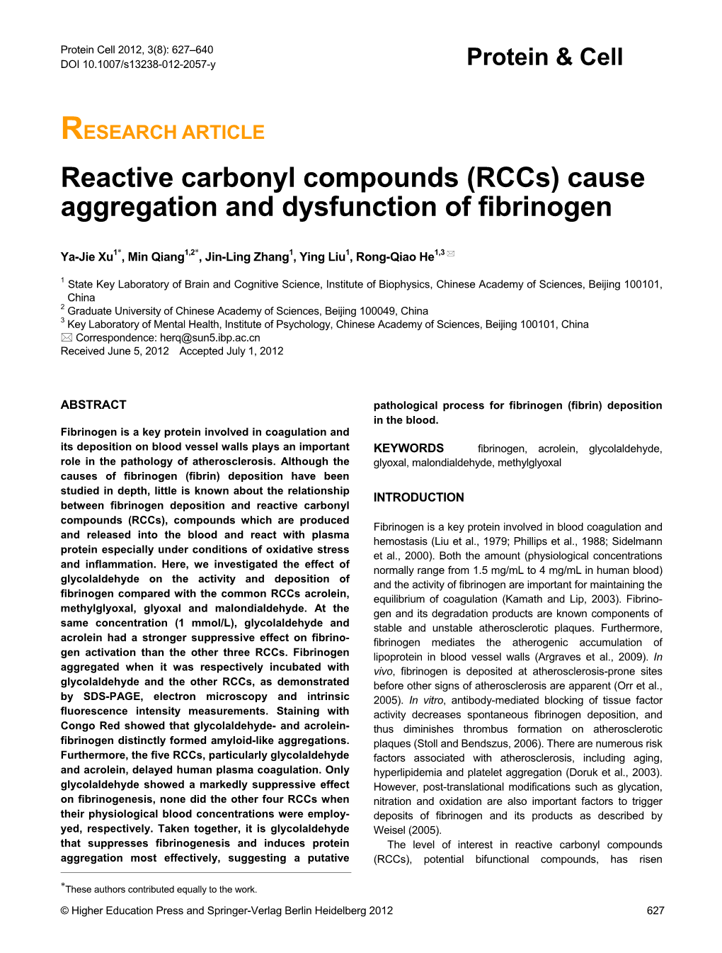 Reactive Carbonyl Compounds (Rccs) Cause Aggregation and Dysfunction of Fibrinogen