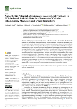 Antiarthritic Potential of Calotropis Procera Leaf Fractions in FCA-Induced Arthritic Rats: Involvement of Cellular Inﬂammatory Mediators and Other Biomarkers