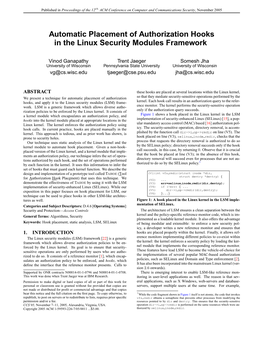 Automatic Placement of Authorization Hooks in the Linux Security Modules Framework