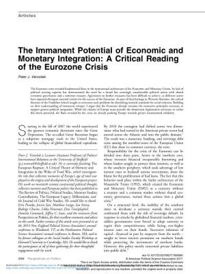 The Immanent Potential of Economic and Monetary Integration: a Critical Reading of the Eurozone Crisis Peter J