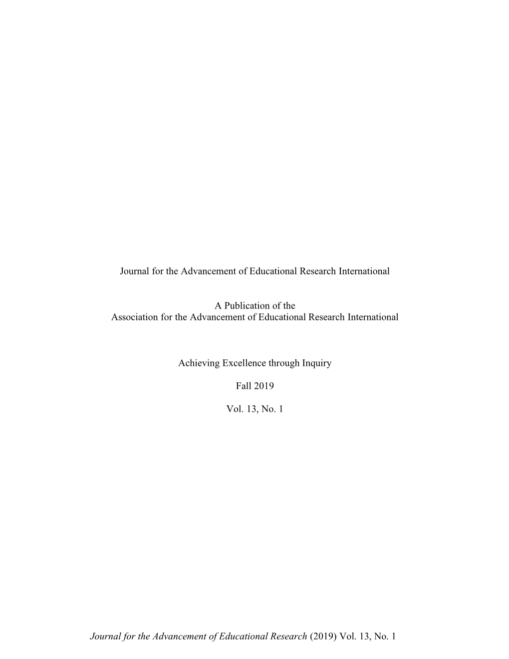 Journal for the Advancement of Educational Research (2019) Vol