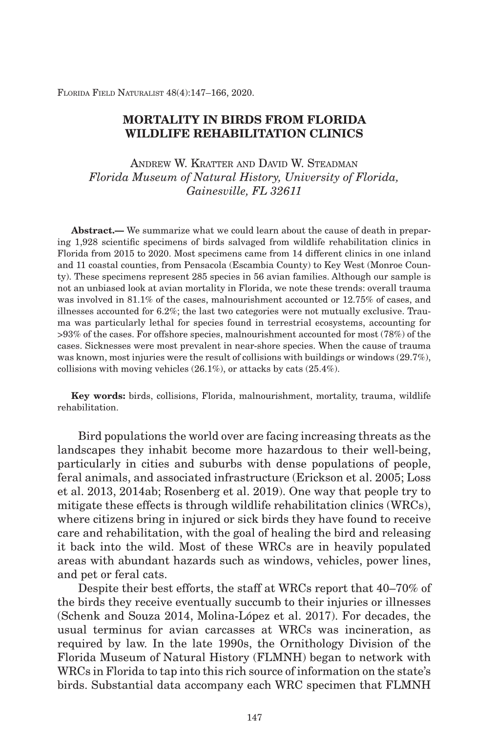 Mortality in Birds from Florida Wildlife Rehabilitation Clinics Florida