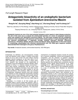 Antagonistic Bioactivity of an Endophytic Bacterium Isolated from Epimedium Brevicornu Maxim