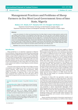 Management Practices and Problems of Sheep Farmers in Oru West Local Government Area of Imo State, Nigeria Akubuo, A.U1, Ahaotu, E.O1*, Ihenacho, R.O2, C.O