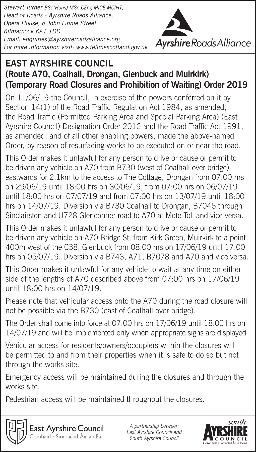 EAST AYRSHIRE COUNCIL (Route A70, Coalhall