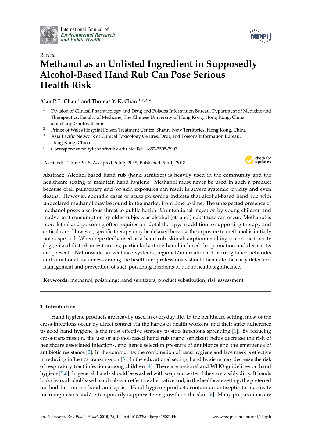 Methanol As an Unlisted Ingredient in Supposedly Alcohol-Based Hand Rub Can Pose Serious Health Risk