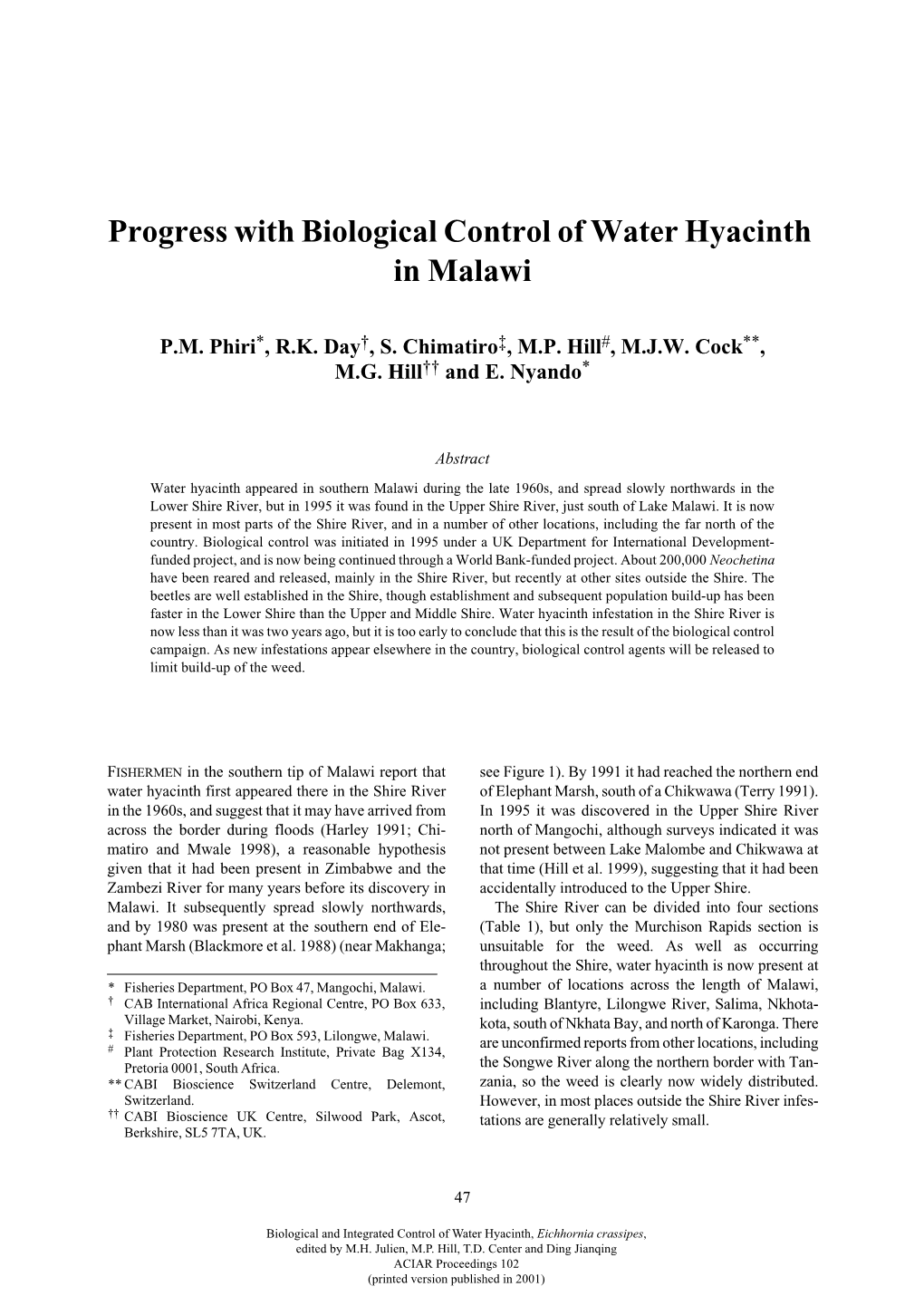 Progress with Biological Control of Water Hyacinth in Malawi