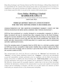 Guru Online (Holdings) Limited 超凡網絡(控股)有限公司 (Incorporated in the Cayman Islands with Limited Liability) (Stock Code: 8121)