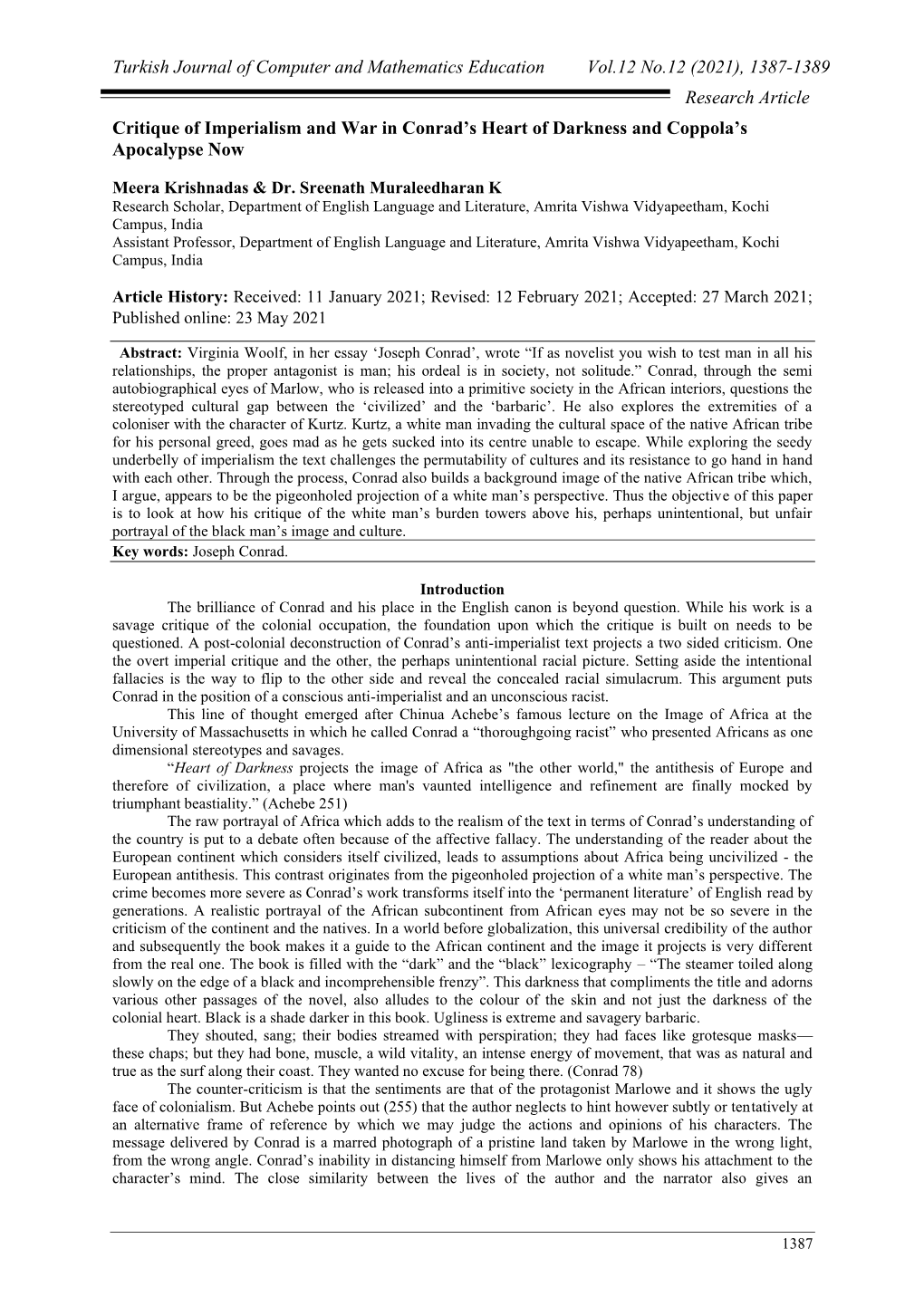 (2021), 1387-1389 Research Article Critique of Imperialism and War in Conrad’S Heart of Darkness and Coppola’S Apocalypse Now