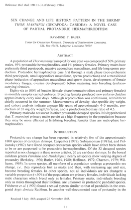 Sex Change and Life History Pattern in the Shrimp Thor Manningi (Decapoda: Caridea): a Novel Case of Partial Protandric Hermaphroditism