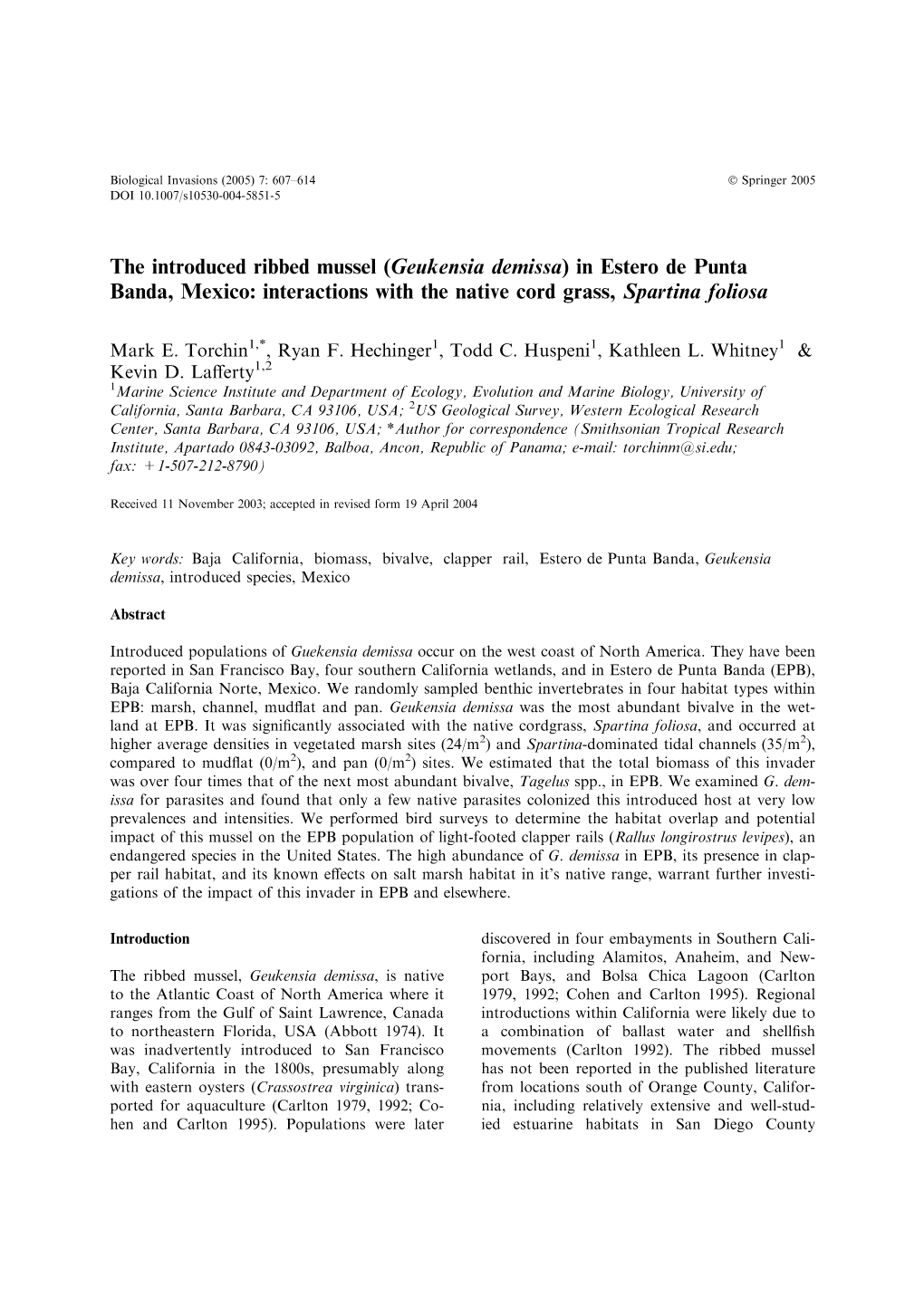 Geukensia Demissa) in Estero De Punta Banda, Mexico: Interactions with the Native Cord Grass, Spartina Foliosa