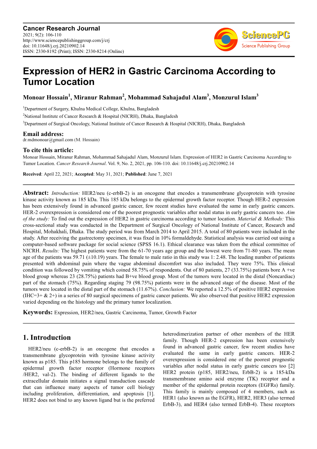 Expression of HER2 in Gastric Carcinoma According to Tumor Location