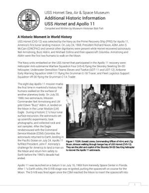 Additional Historic Information USS Hornet and Apollo 11 Compiled and Written by Museum Historian Bob Fish