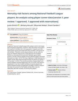 Mortality Risk Factors Among National Football League Players: an Analysis Using Player Career Data [Version 1; Peer Review: 1 Approved, 1 Approved with Reservations]