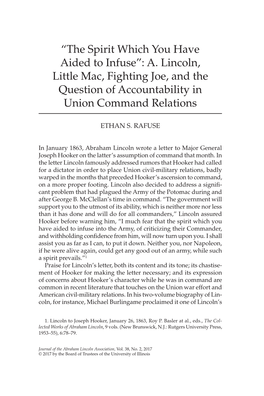 “The Spirit Which You Have Aided to Infuse”: A. Lincoln, Little Mac, Fighting Joe, and the Question of Accountability in Union Command Relations