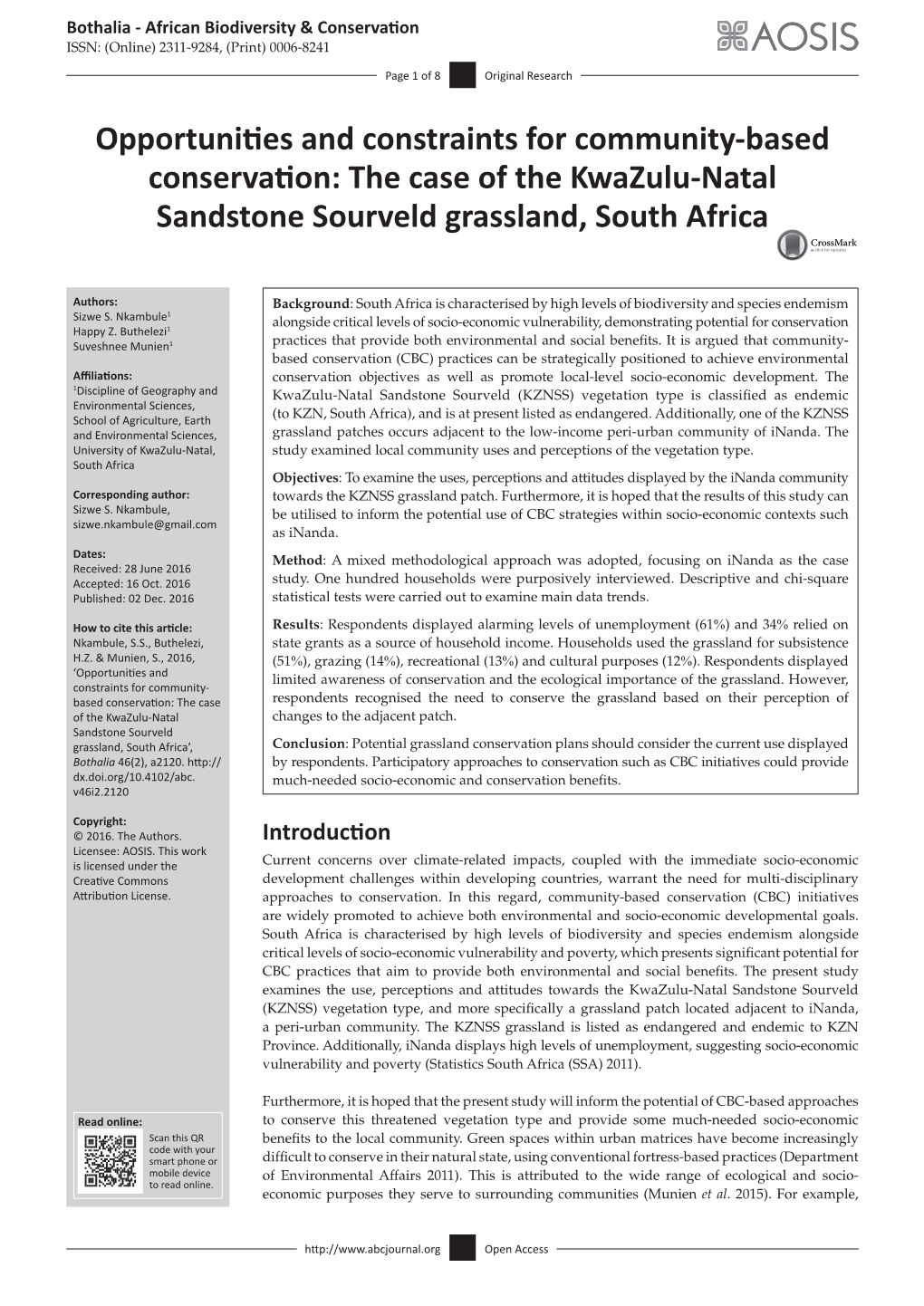 Opportunities and Constraints for Community-Based Conservation: the Case of the Kwazulu-Natal Sandstone Sourveld Grassland, South Africa