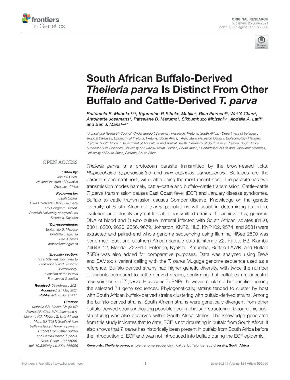 South African Buffalo-Derived Theileria Parva Is Distinct from Other Buffalo and Cattle-Derived T