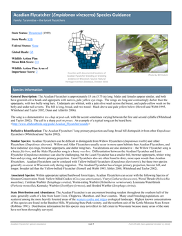 Acadian Flycatcher (Empidonax Virescens) Species Guidance Family: Tyrannidae – the Tyrant Flycatchers