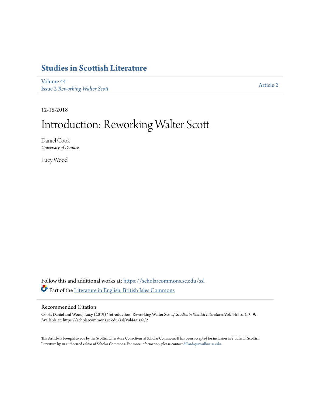 Introduction: Reworking Walter Scott Daniel Cook University of Dundee