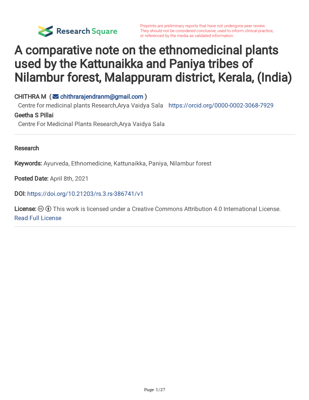 A Comparative Note on the Ethnomedicinal Plants Used by the Kattunaikka and Paniya Tribes of Nilambur Forest, Malappuram District, Kerala, (India)