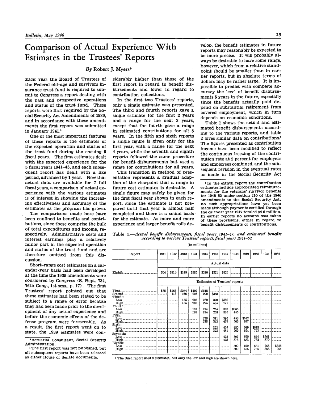 Comparison of Actual Experience with Estimates in the Trustees' Reports