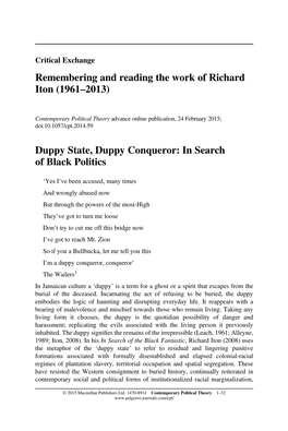 On Richard Iton (A Working Paper) That’S Why They Say I’M Different