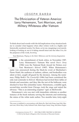 The Ethnicization of Veteran America: Larry Heinemann, Toni Morrison, and Military Whiteness After Vietnam
