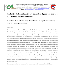 Evolución De Lateralización Poblacional En Dysdercus Andreae L., (Heteroptera: Pyrrhocoridae)