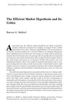 The Efficient Market Hypothesis and Its Critics