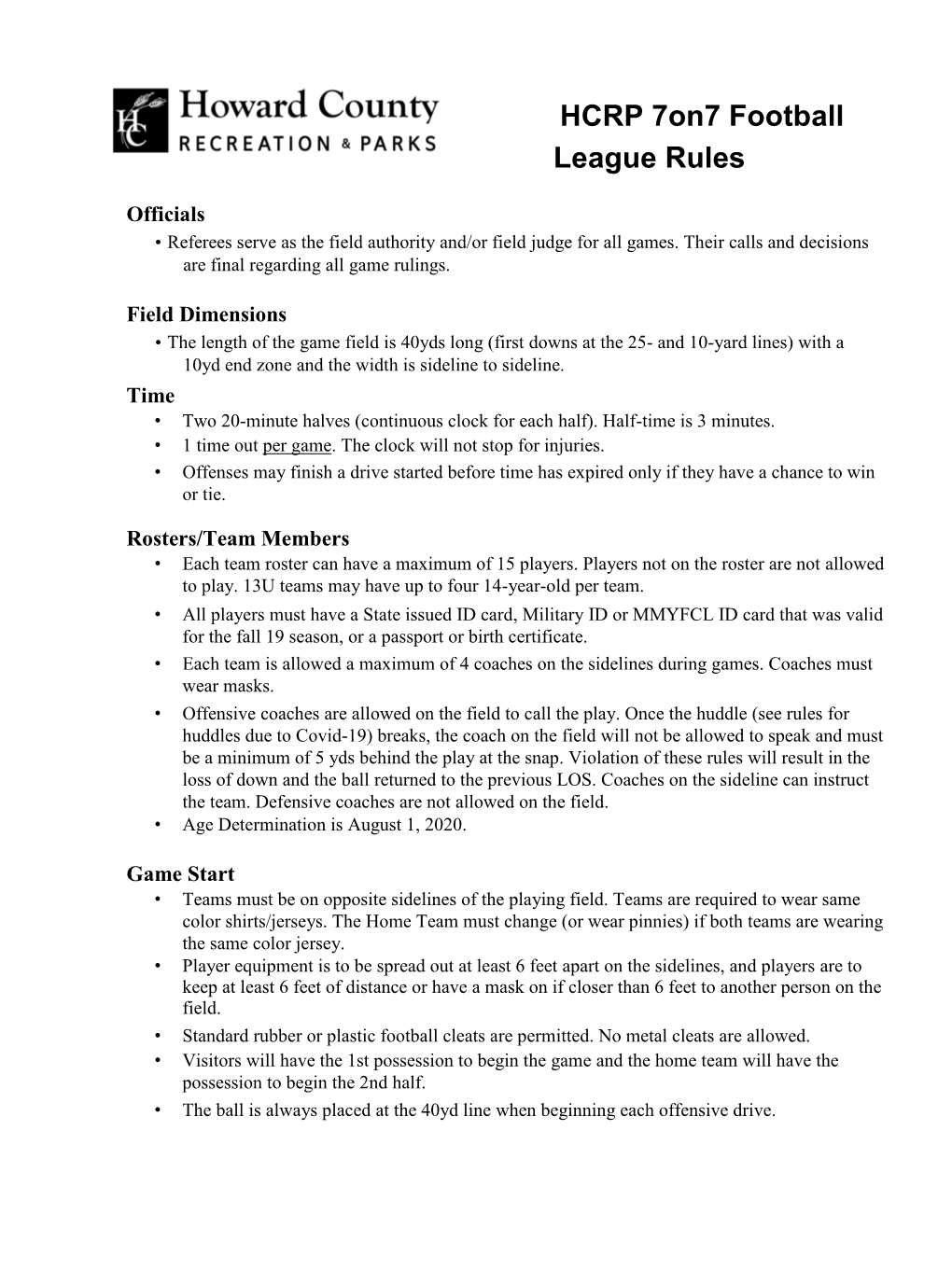 HCRP 7On7 Football League Rules