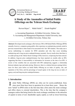 A Study of the Anomalies of Initial Public Offerings on the Tehran Stock Exchange