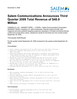Salem Communications Announces Third Quarter 2009 Total Revenue of $48.9 Million