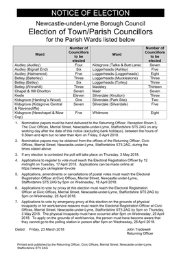 Election of Town/Parish Councillors for the Parish Wards Listed Below