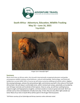 South Africa - Adventure, Education, Wildlife Tracking May 31 – June 16, 2021 Trip #2125