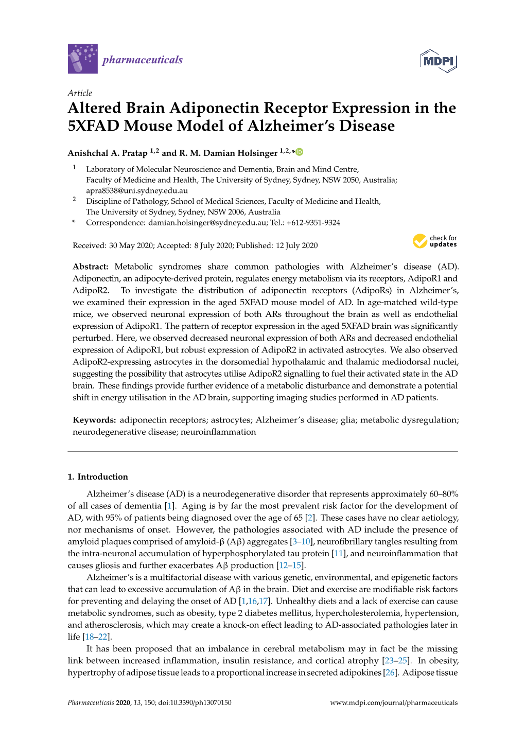 Altered Brain Adiponectin Receptor Expression in the 5XFAD Mouse Model of Alzheimer’S Disease