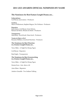 2011 Leo Awards Official Nominees by Name