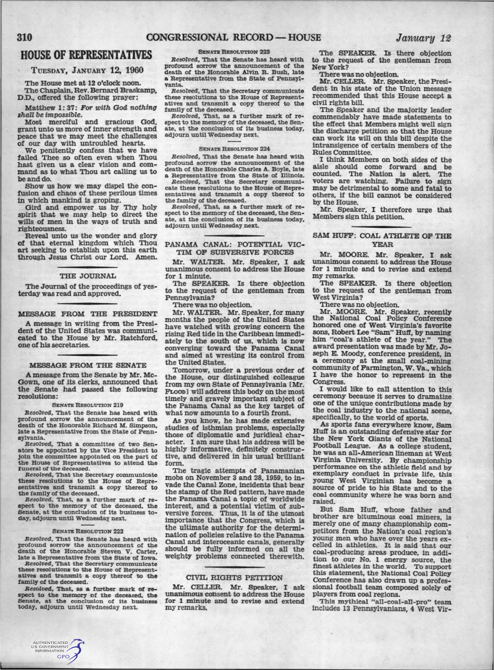 HOUSE of REPRESENTATIVES Resolved, That the Senate Has Heard with to -The Request of -The Gentleman Fro~ Profound Sorrow the Announcement of the New York?