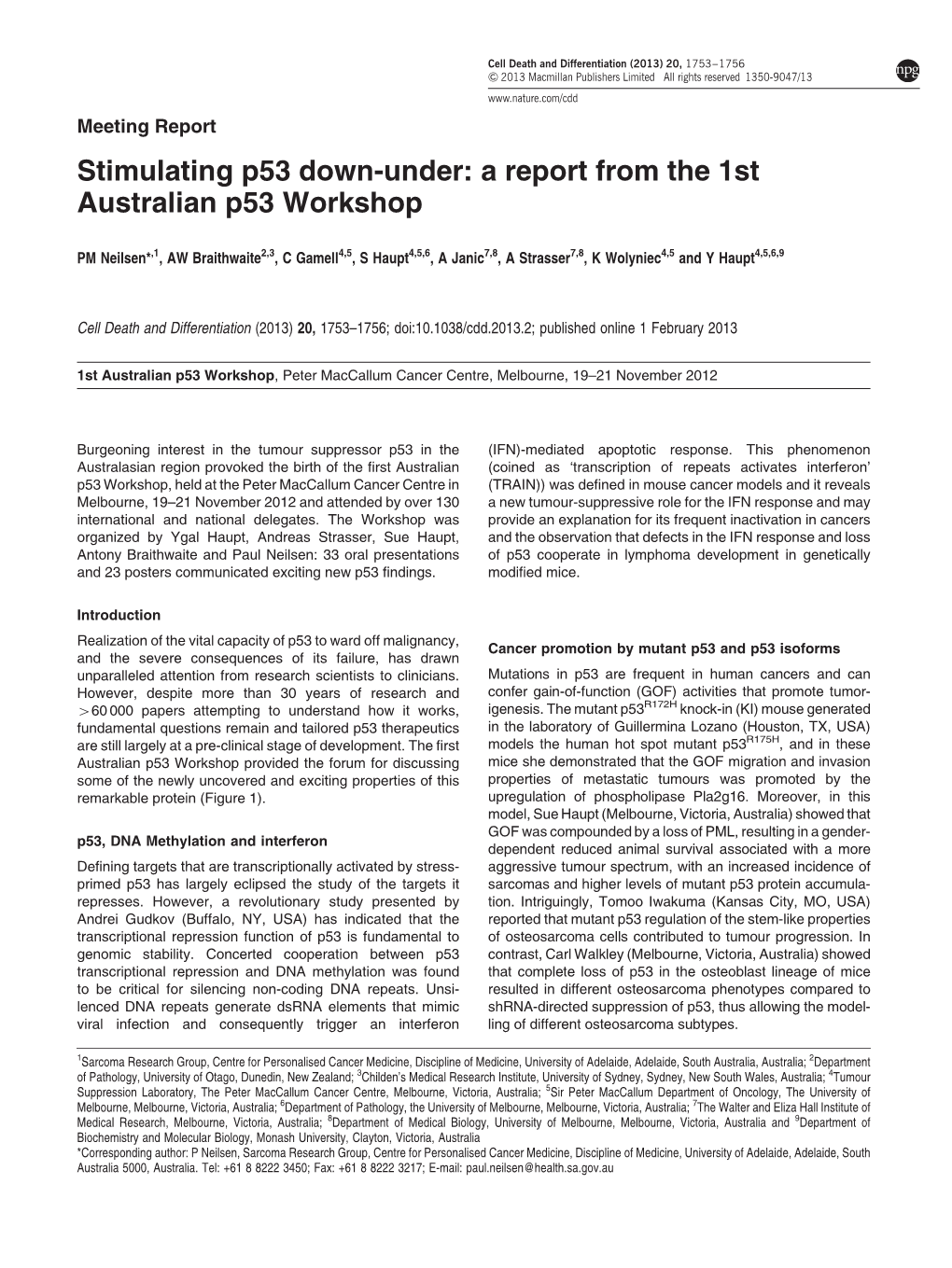 A Report from the 1St Australian P53 Workshop