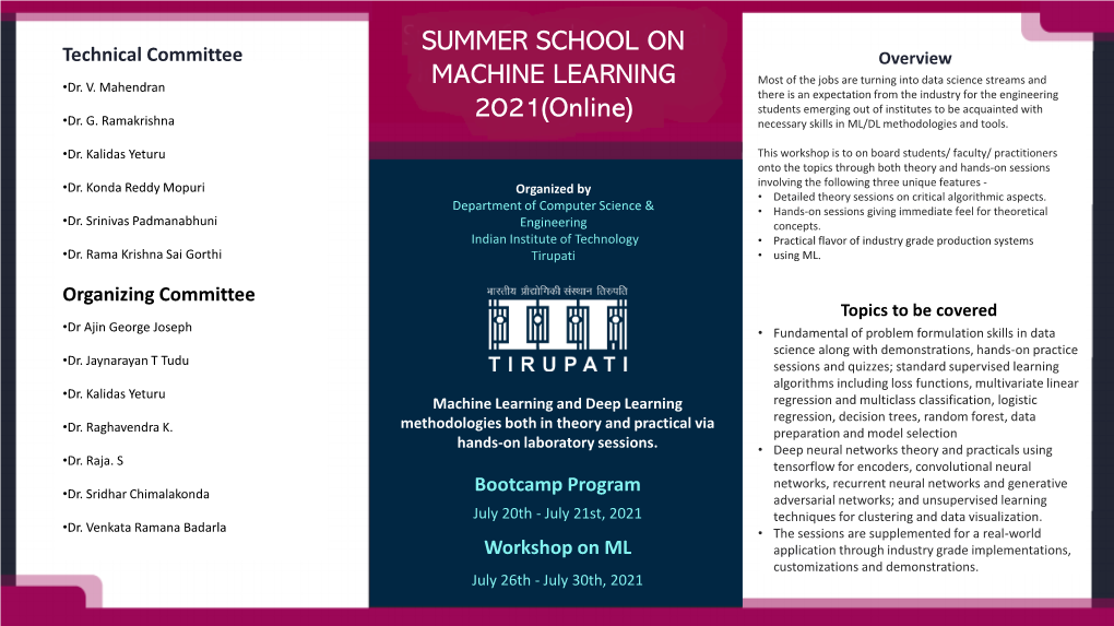 SUMMER SCHOOL on MACHINE LEARNING 2021(Online)