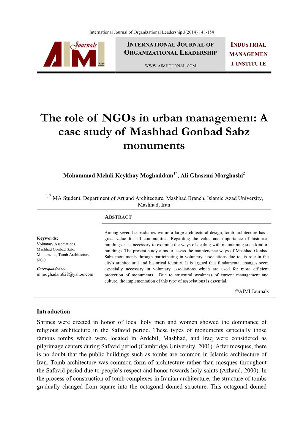 The Role of Ngos in Urban Management: a Case Study of Mashhad Gonbad Sabz Monuments