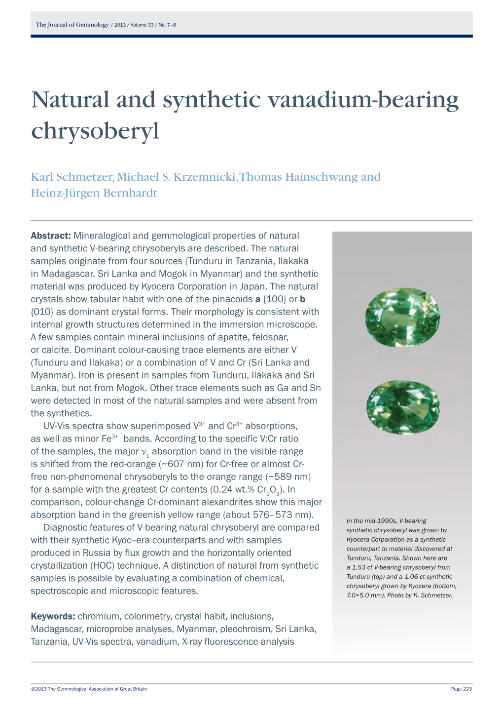 Natural and Synthetic Vanadium-Bearing Chrysoberyl