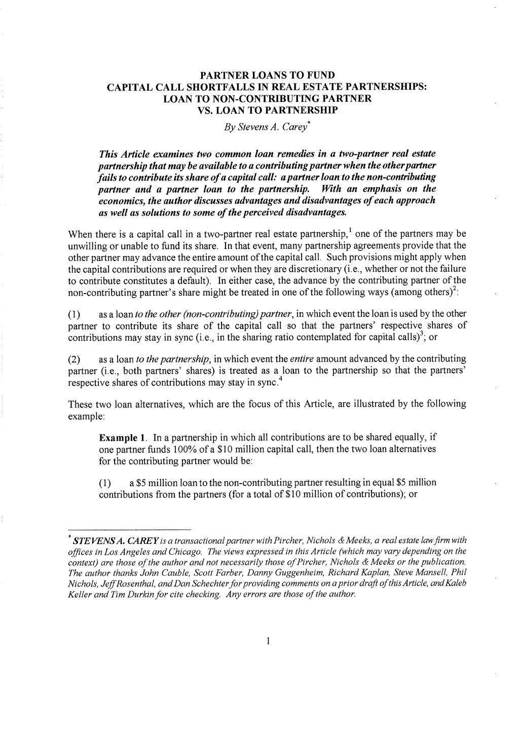 Partner Loans to Fund Capital Call Shortfalls: Loan to Non-Contributing Partner Vs. Loan to Partnership