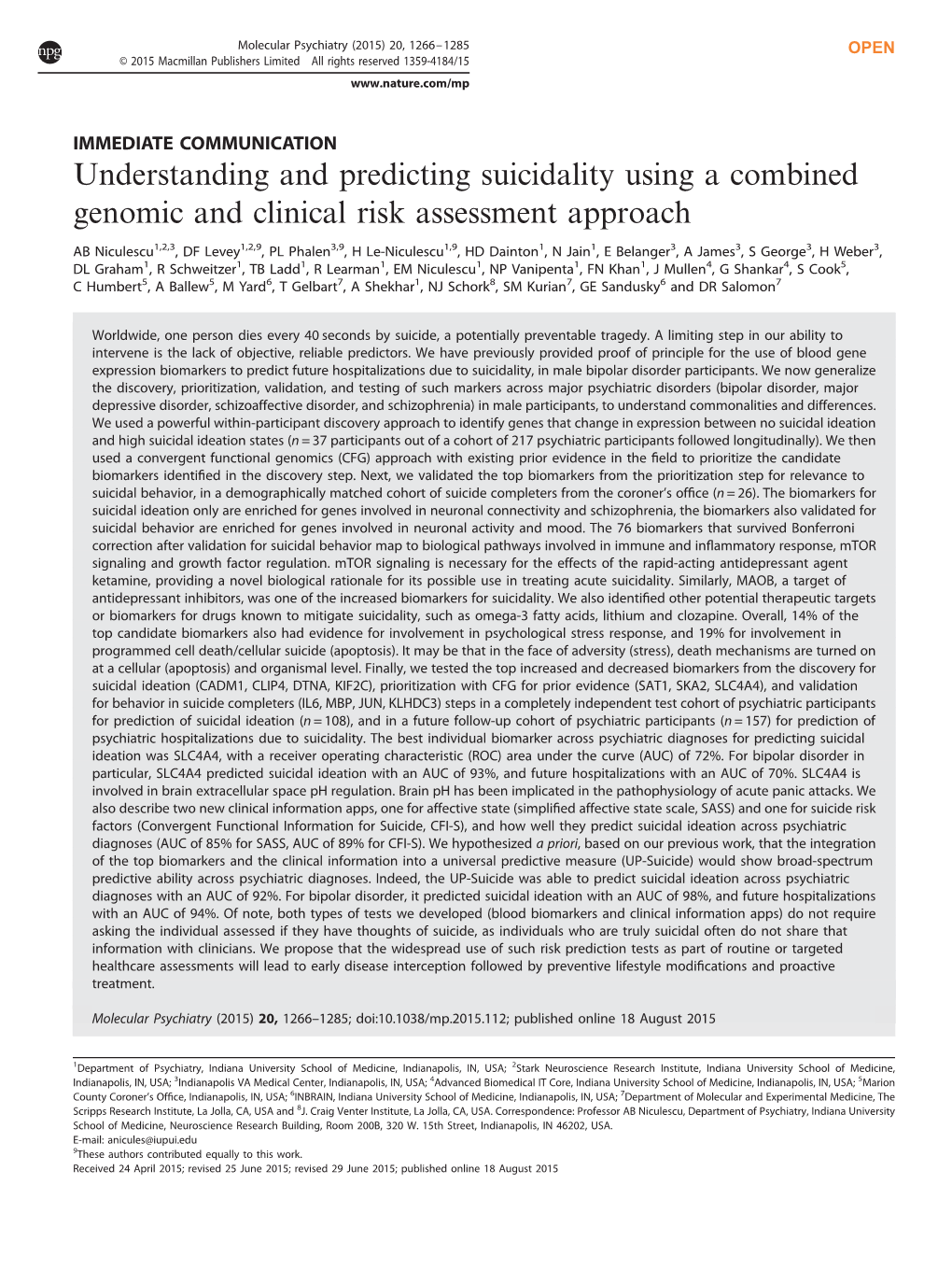 Understanding and Predicting Suicidality Using a Combined Genomic and Clinical Risk Assessment Approach