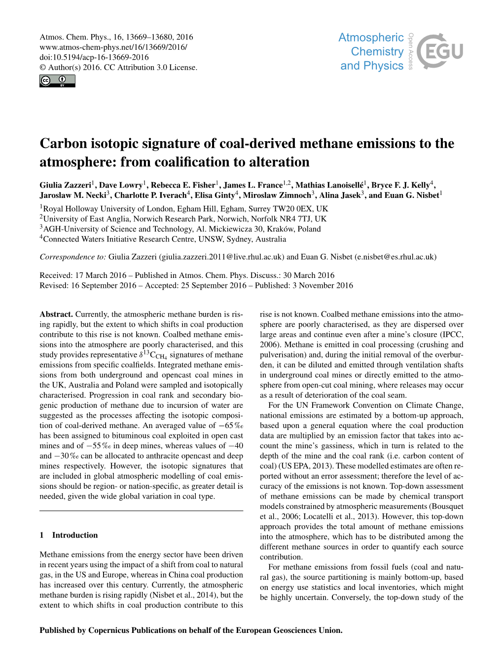 Carbon Isotopic Signature of Coal-Derived Methane Emissions to the Atmosphere: from Coaliﬁcation to Alteration